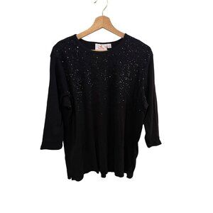 Quacker Factory Black Sequin Top 3/4 Sleeves Women's Size 1X 100% Cotton Shirt